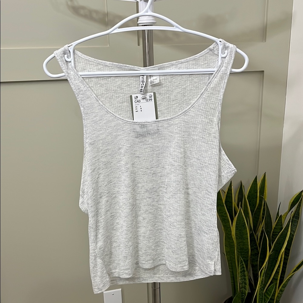 (NWT) H&M - Women’s Sheer Ribbed Tank Top, Light Grey, Size L